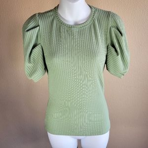 ELA Women's Corrugated Blouse Olive Green Balloon Short Sleeve 100%Polyester S